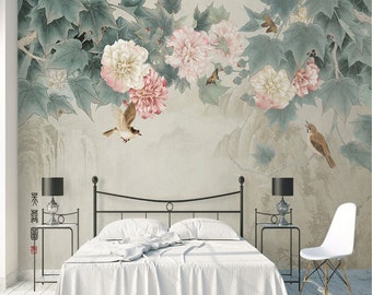 Hibiscus Flower and Bird  Wallpaper Floral Wall Mural Modern Home Decor For Living Room Bedroom Entryway Cafe (FL68)