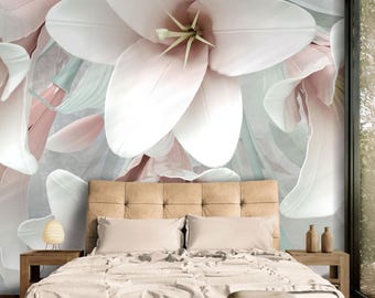 White Lily Wall Mural – Elegant 3D Floral Wallpaper for Living Room, Bedroom, Soft Pastel Botanical Design, Peel and Stick Wallpaper