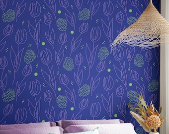 Playful Blue Tulip Line Art Wallpaper, Colorful Maximalist Floral Mural for Modern Eclectic Room Accent, Removable Peel & Stick Wall Mural