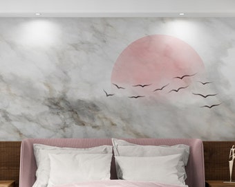 Marble Style Wallpaper Wall Mural, Bedroom Background Mural, Living Room Natural Stone Wallpaper With Sunset View, Peel and Stick Wallpapers