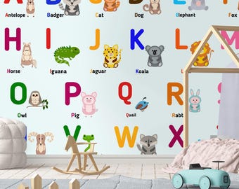 ABC Animal Alphabet Wallpaper – Kids Classroom Nursery Wall Mural, A‑Z Letters with Cute Animals, Educational Peel & Stick, Playroom Decor