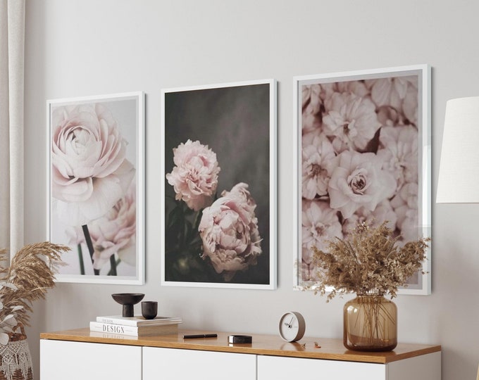 White Pink Roses Wall Art Framed Wooden Decor, Decorative Elegant Floral Print on Wood, Blossom Stylish Home Decoration Gift for Couples