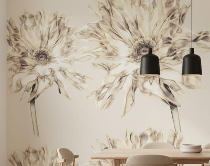 Oversized Beige Floral Wall Mural Abstract Hand Drawn Sunflower Art Wallpaper for Dining Room, Elegant Minimalist Peel and Stick Home Decor