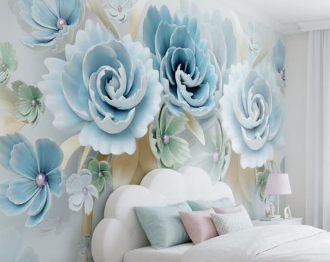 Elegant Pastel 3D Floral Peel and Stick Wallpaper – Removable Self-Adhesive Wall Mural for Modern Bathroom Accent, Waterproof Decor