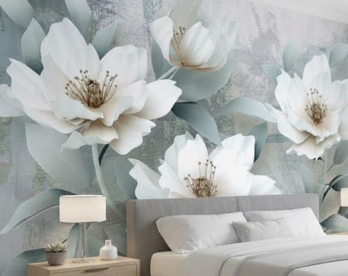 White 3D Floral Wall Mural – Oversized Magnolia Bloom Wallpaper with Green Leaves for Elegant Bedroom or Living Room Accent, Peel and Stick