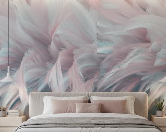 Pastel Pink and Blue Peel and Stick Wallpaper - Removable Self Adhesive Wall Decor for Bedroom & Bathroom -  Modern Feather Pattern Mural