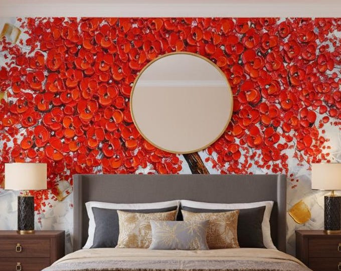 Red Blossom Tree Mural Wallpaper – Textured Oil Painting Look Wall Art for Living Room, Bold Cherry Accent Wall Background Décor
