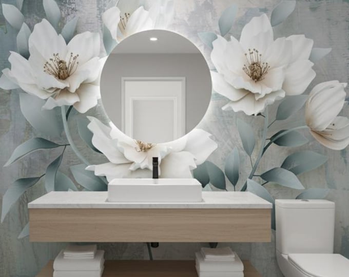 White 3D Floral Wall Mural – Oversized Magnolia Bloom Wallpaper with Green Leaves for Elegant Bedroom or Living Room Accent, Peel and Stick