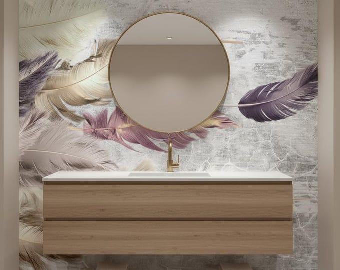 Soft Neutral Feather Wall Mural – Textured Boho Wallpaper for Living Room or Bedroom, Light Pastel Artistic Feather Wall Décor