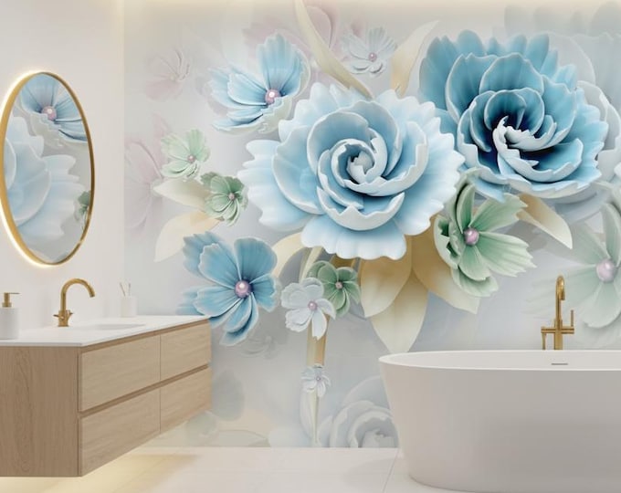Elegant Pastel 3D Floral Peel and Stick Wallpaper – Removable Self-Adhesive Wall Mural for Modern Bathroom Accent, Waterproof Decor