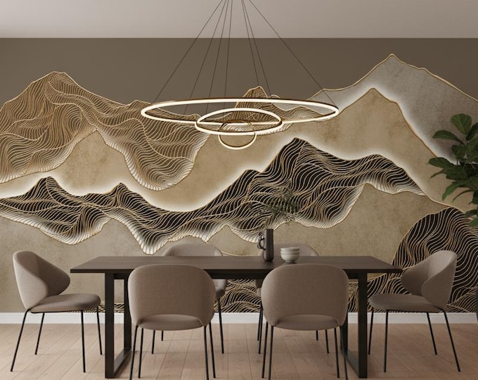 Golden Topographic Mountain Wall Mural – 3D Beige and Gold Line Art Wallpaper for Living Room or Office Accent, Modern Nature Decor
