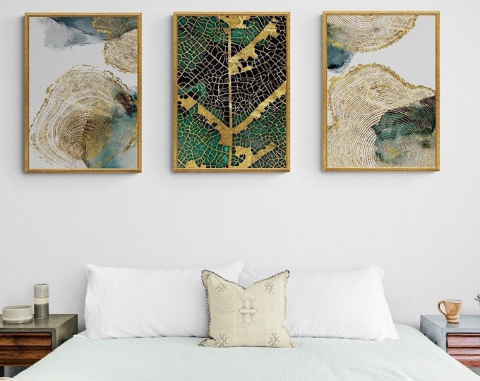 Nature Style Print on Wood, Framed Wood Wall Art, Modern Home Decoration, Gold Green Housewarming Gift For Bedroom, Abstract Gold Wall Decor