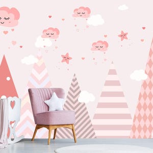 Pink Clouds Girl Child Room Wallpaper, Pink Mountains Baby Room Wall Mural , Nursery Room Wall Mural, Customized Background Color