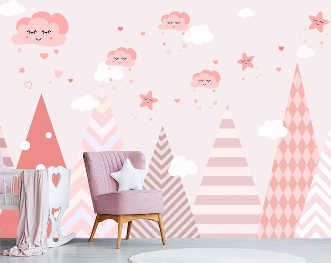 Pink Clouds Girl Child Room Wallpaper, Pink Mountains Baby Room Wall Mural , Nursery Room Wall Mural, Customized Background Color