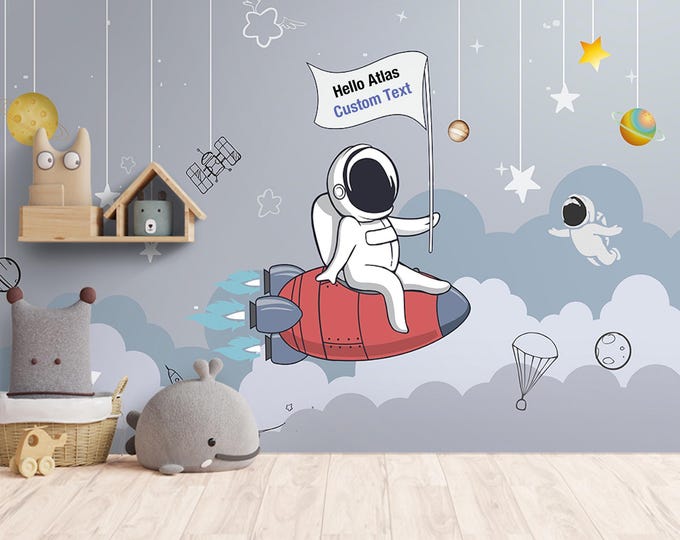 Personalized Astronaut Kids Room Wallpaper - Custom Name Space Wall Mural with Rocket, Stars & Planets - Modern Boys Room Cartoon Wall Decal