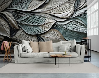 Leaves Floral Wallpaper, Flowers Wall Mural, 3D Embossed Huge Leaves Mural Modern Wall Art Home Decor For Living Room Bedroom Entryway Cafe