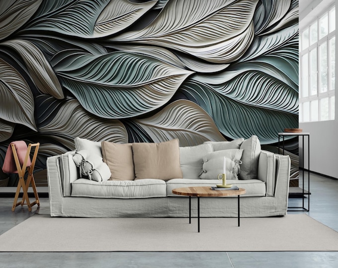 Leaves Floral Wallpaper, Flowers Wall Mural, 3D Embossed Huge Leaves Mural Modern Wall Art Home Decor For Living Room Bedroom Entryway Cafe
