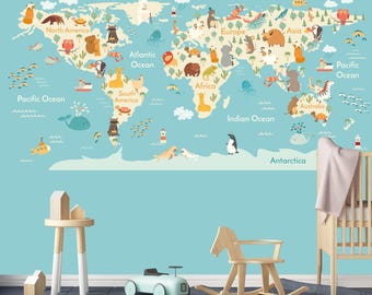 Baby Room Wallpaper, Kids World Map Wall Mural, Removable Wallpaper, Fabric Textile, Modern Home Decoration (CR13)