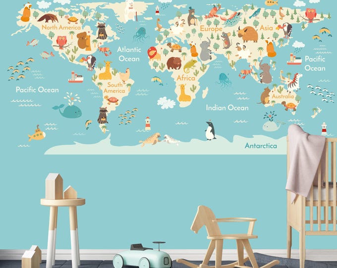 Baby Room Wallpaper, Kids World Map Wall Mural, Removable Wallpaper, Fabric Textile, Modern Home Decoration (CR13)
