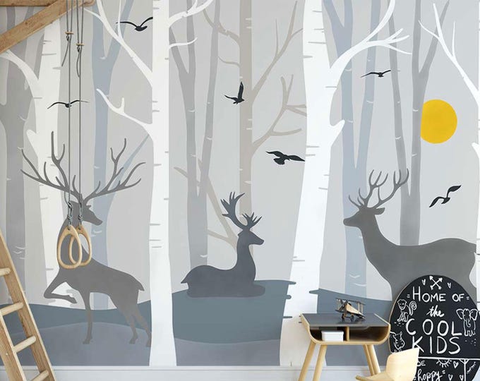 Nursery Wallpaper Mural , Deer Child Room Mural , Forest Kids Room Peel and Stick or Traditional Animal Wallpaper, Removable Wallpaper