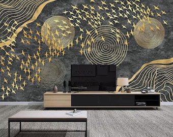 Abstract Golden Birds Wall Mural Flying Birds Wallpaper Home Decor For Living Room Bedroom Entryway Cafe (AB26)