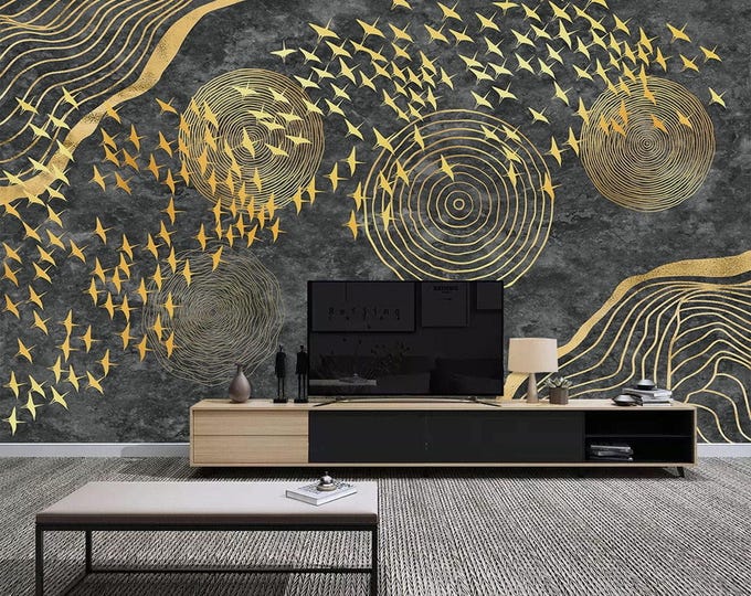 Abstract Golden Birds Wall Mural Flying Birds Wallpaper Home Decor For Living Room Bedroom Entryway Cafe (AB26)