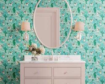 Whimsical Llama and Cactus Wallpaper, Teal Southwestern Mural, Playful Boho Animal Decor, Fun Kids Room Accent, Removable Peel & Stick