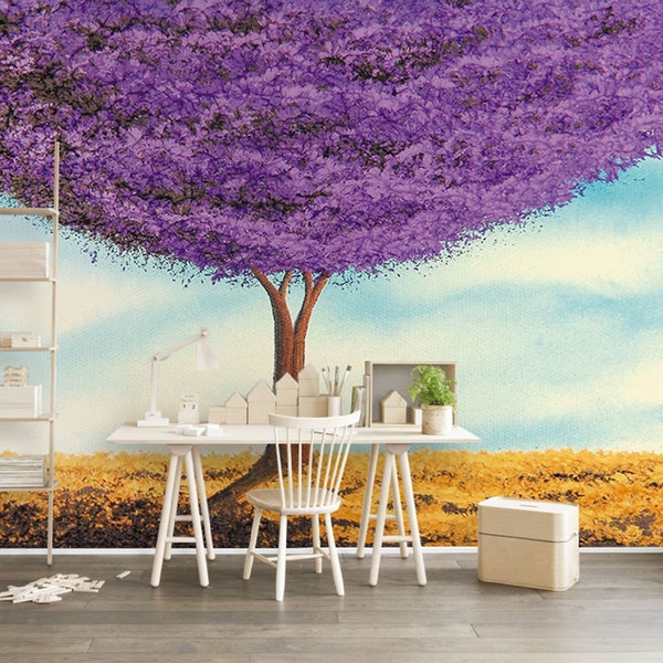 Purple Tree,Floral Wallpaper, Flowar Wall Mural, Removable Wallpaper, Fabric Textile, Modern Home Decoration (FL96)