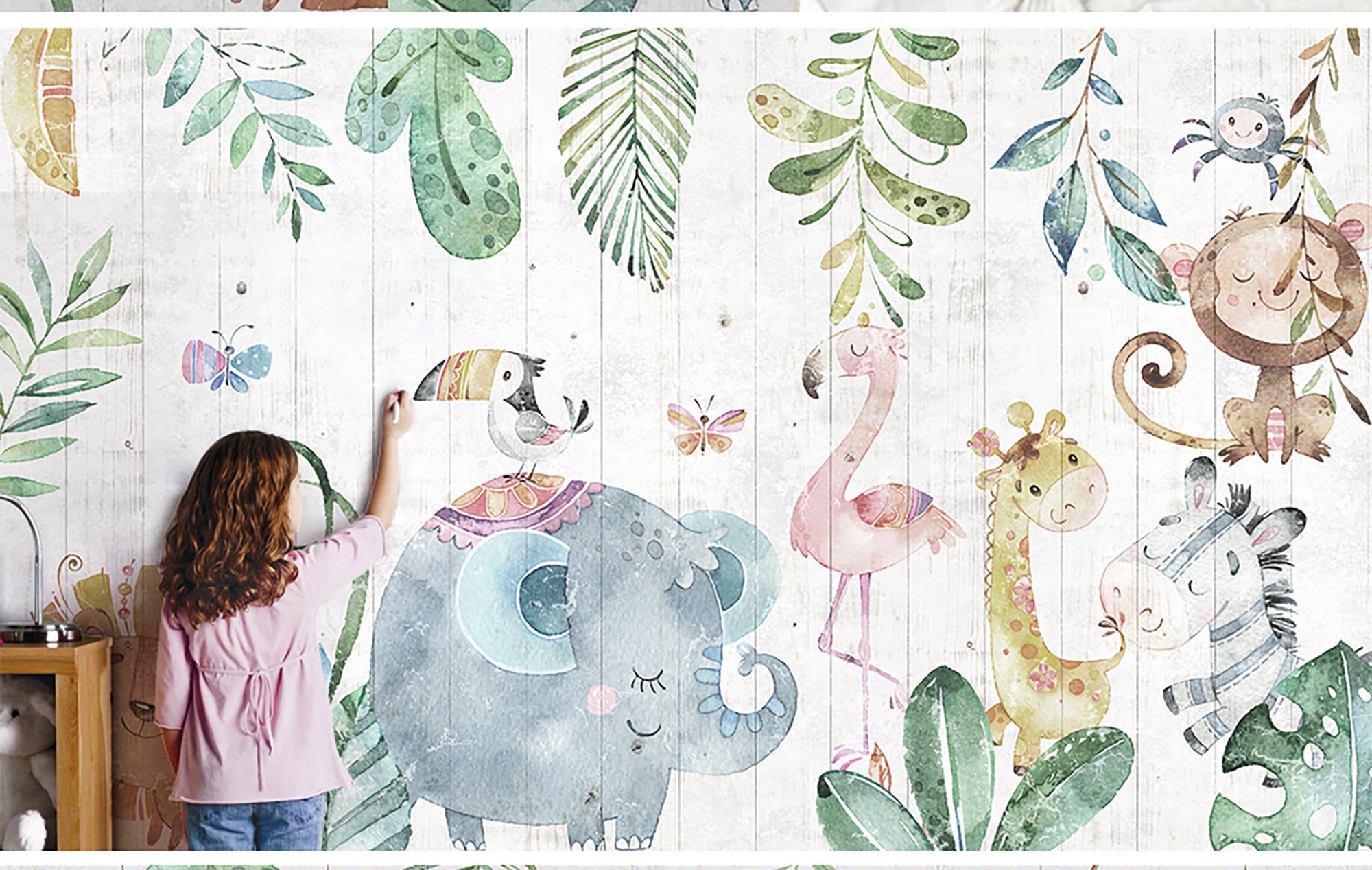Child Room Wallpaper, Nursery Floral and Animal Wall Mural, Elephant