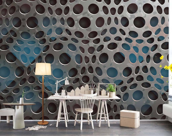 3D Metal Bubble Effect Wallpaper – Grey Blue Circular Pattern Mural, Industrial Modern Accent Wall, Peel & Stick Removable Vinyl for Office