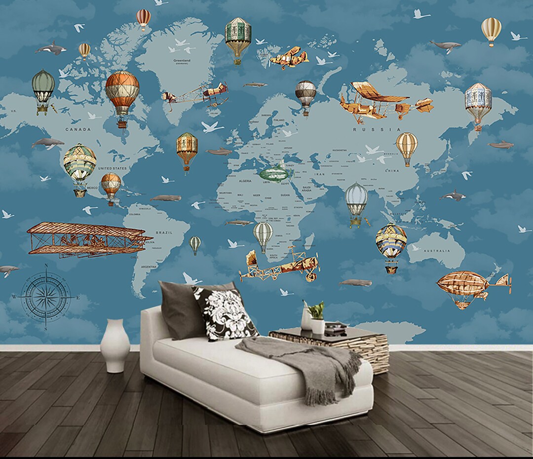 World Map Child Room Wallpaper Air Balloon Planes Nursery Wall Mural