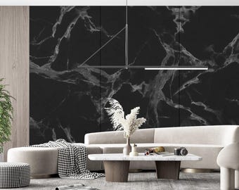 Carta da parati adesiva in marmo nero con dettagli grigi, grazioso arredamento per soggiorno, murale personalizzabile con carta da parati in marmo nero staccabile e attaccabile