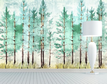 Watercolor Woodland Wallpaper – Pine Tree Peel and Stick Mural, Sage Green Accent Wall, Removable Vinyl Home Decor