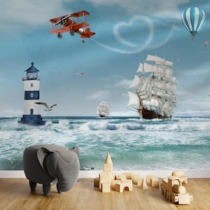 Hot Air Balloon Plane Lighthouse and Sailboat Kids Room Wallpaper Wall Mural, Child Room Decoration, Gift for Children, Sea Theme Wall Mural