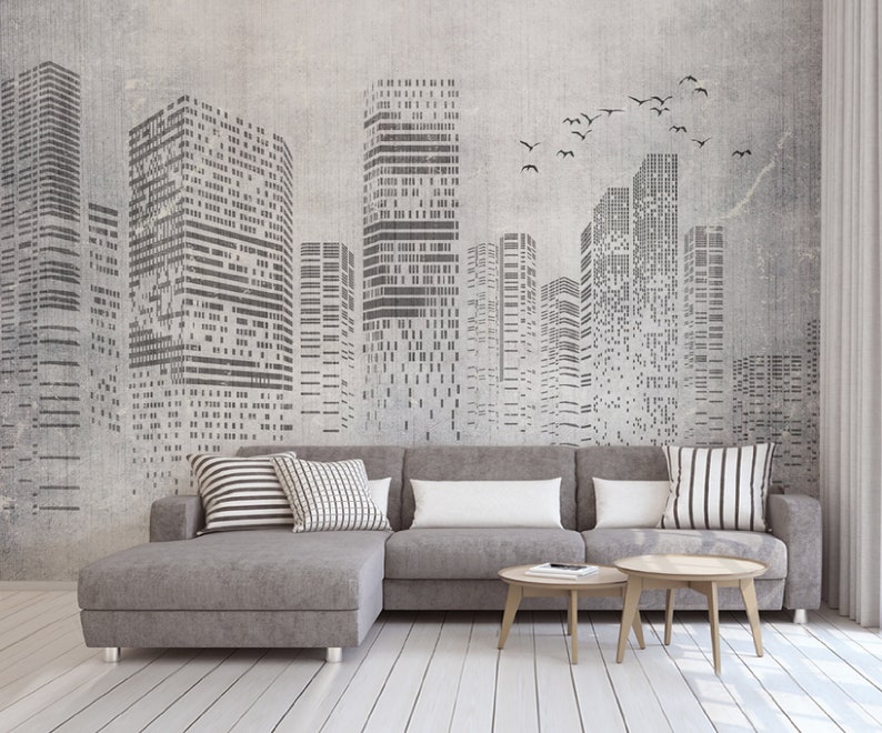 Modern City 3D Embossed Wall Mural Abstract City Silhouette - Etsy