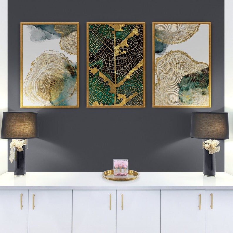 Decoración de pared con marco dorado y naturaleza, impresión Art Déco sobre madera, elegante regalo de madera para parejas, idea de diseño de interiores abstracto. imagen 1
