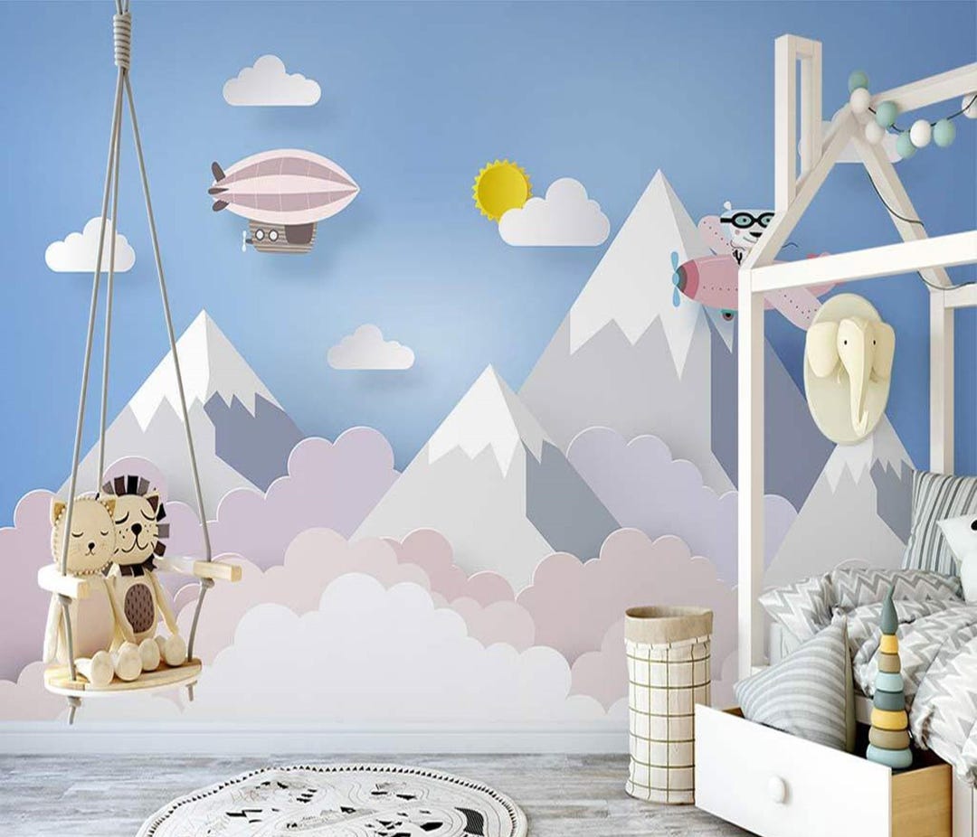 Kids Wallpaper Peel and Stick, Hot Air Balloon Flying Animals Wall ...