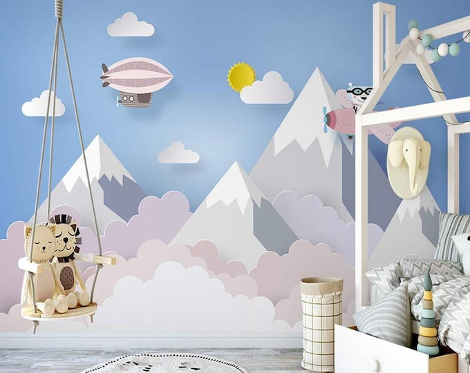 Kids Wallpaper Peel and Stick, Hot Air Balloon Flying Animals Wall Mural, Mountain, Clouds Blue Wallpaper, Nursery or Baby Room Wallpaper,