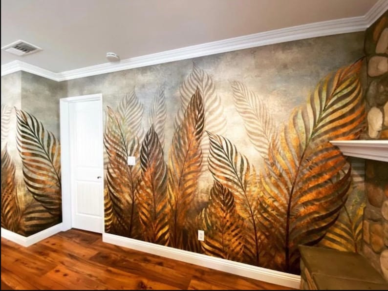 Gold Leaf Wallpaper Floral Wall Mural Large Leaves Etsy