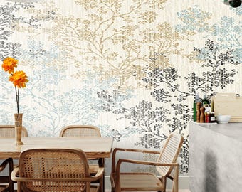 Subtle Botanical Texture Wallpaper – Peel and Stick Beige, Blue, and Black Tree Silhouettes on Cream Minimal Decor for Cozy Office
