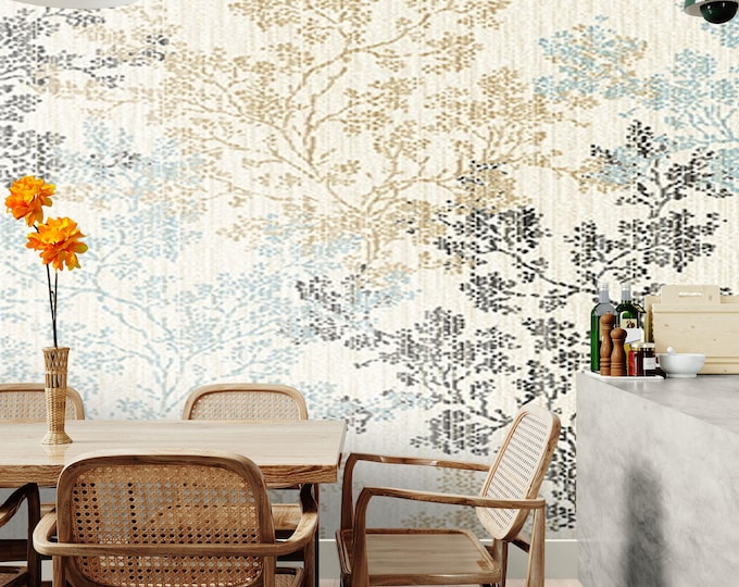 Subtle Botanical Texture Wallpaper – Peel and Stick Beige, Blue, and Black Tree Silhouettes on Cream Minimal Decor for Cozy Office