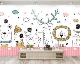 Child Room Wallpaper Mural , Animal Theme Child and Nursery Room Wall Mural, Lion , Deer, Pig Friends Peel and Stick Wallpaper for Children