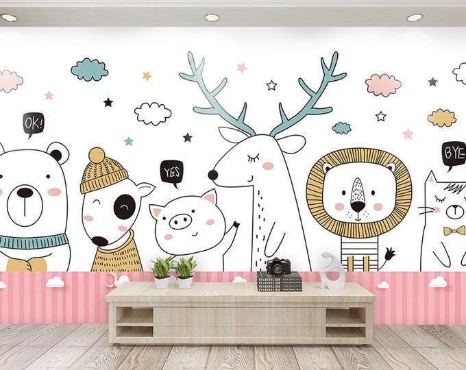 Child Room Wallpaper Mural , Animal Theme Child and Nursery Room Wall Mural, Lion , Deer, Pig Friends Peel and Stick Wallpaper for Children