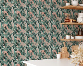 Sophisticated Olive Branch Wallpaper, Painterly Mediterranean Mural, Earthy Kitchen And Dining Accent, Removable Peel & Stick