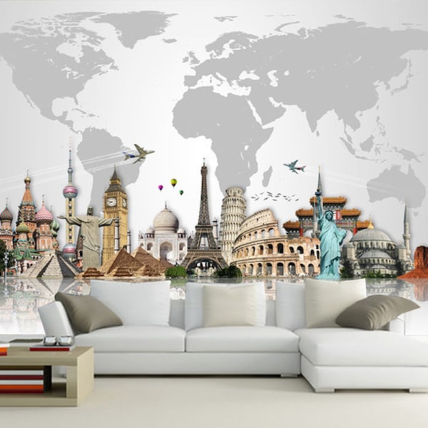 Famous Buildings World Map Wall Mural Modern Home Decor For Living Room Bedroom Entryway Cafe (WM15)