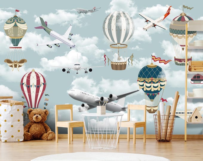 Custom Size Blue Sky Children's Room Wallpaper, Peel and Stick Nursery or Kids Room Wallpaper, Self Adhesive Boys Room Wall Mural