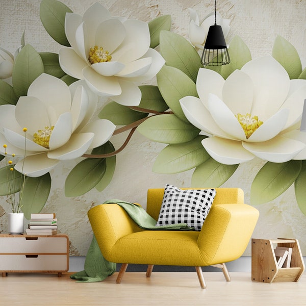 Floral Wallpaper Mural, Flower Wall Mural, Botanical Wallpaper, Peel and Stick or Traditional Green Wallpaper, Removable Tropical Wallpaper