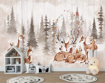 Carta da parati per cameretta con famiglia di alci e cervi, murale da parete con animali, autoadesiva, ideale per soggiorno, camera da letto o cameretta dei bambini.