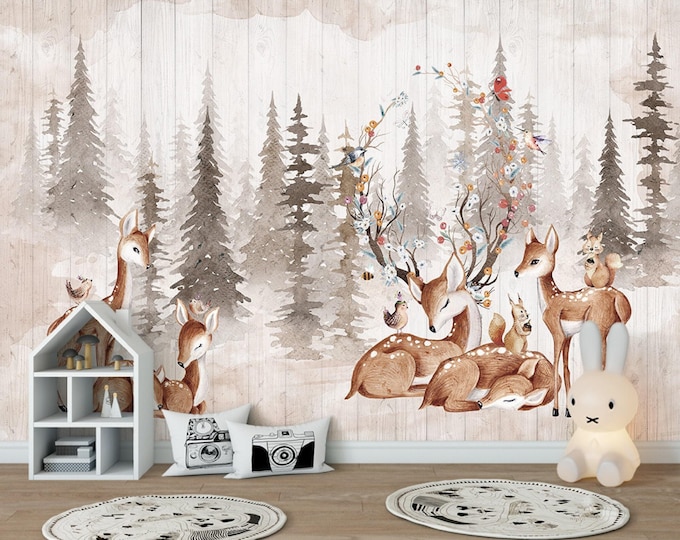Elk Family Kids Room Wallpaper Forest and Deers Wall Mural, Animal Peel and Stick Wallpaper for Living Room, Bedroom or Nursery Room