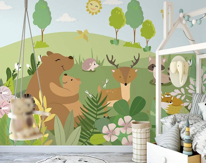 Child Room Wallpaper Nursery Wall Mural, Green Jungle Wallpaper, Traditional or Peel and Stick Wallpaper, Forest Wallpaper for Kids